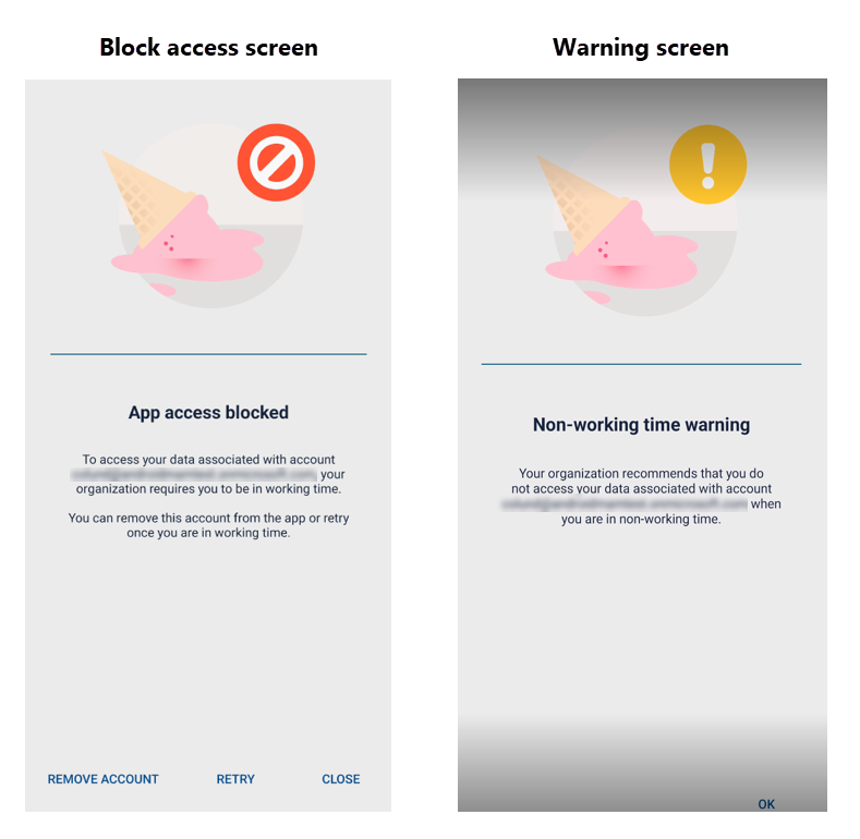 Two screenshots of mobile phone notifications. The first demonstrates a notification from Working Time, which indicates that the user’s access to the Teams app is blocked, due to the fact that they are outside of their work time. The second is a warning screen that recommends that the user not access their account when they are in non-working time.