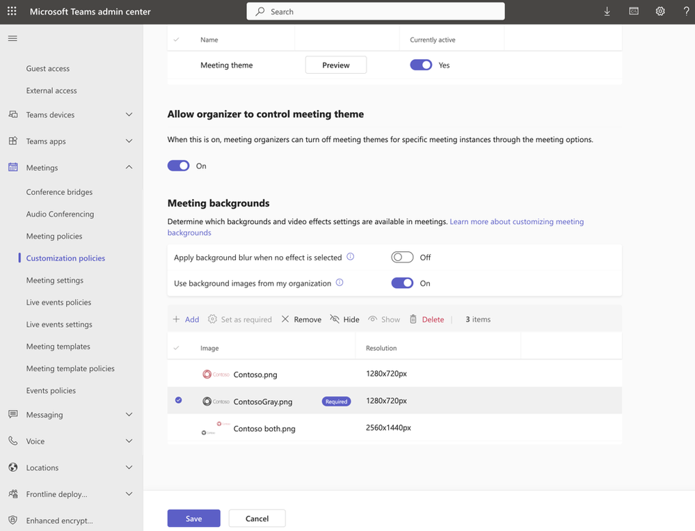 Fig 3: add custom logos per team in the Teams admin center under Customization policies and enforce the use of a specific logo by setting it as Required