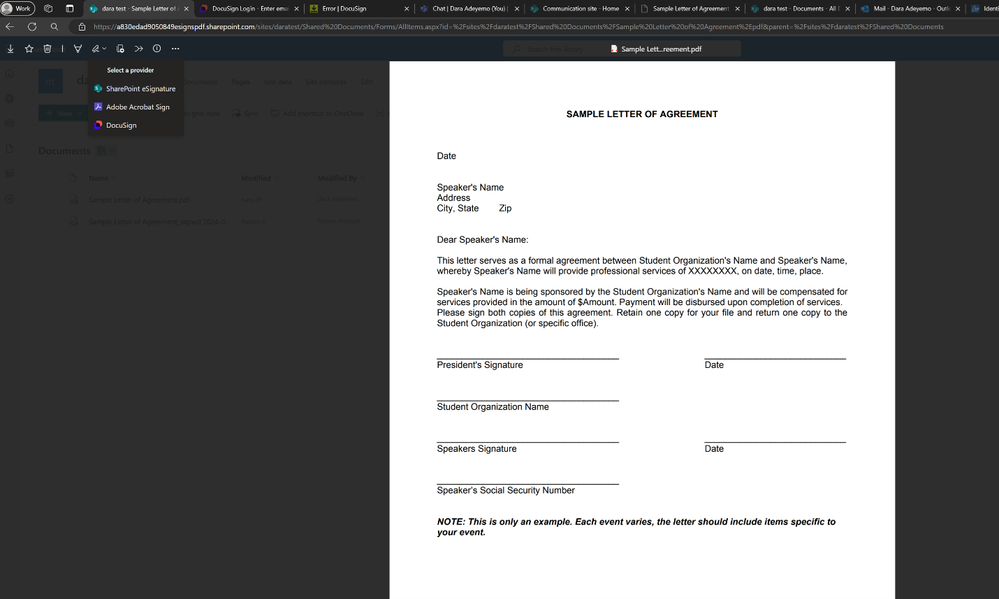 From the Select a provider drop-down, you can choose from SharePoint eSignature, Adobe Acrobat Sign, or Docusign