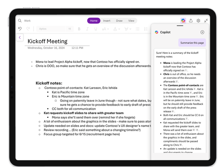 Use Copilot in OneNote to make completing work tasks faster and easier, such as summarizing meeting notes