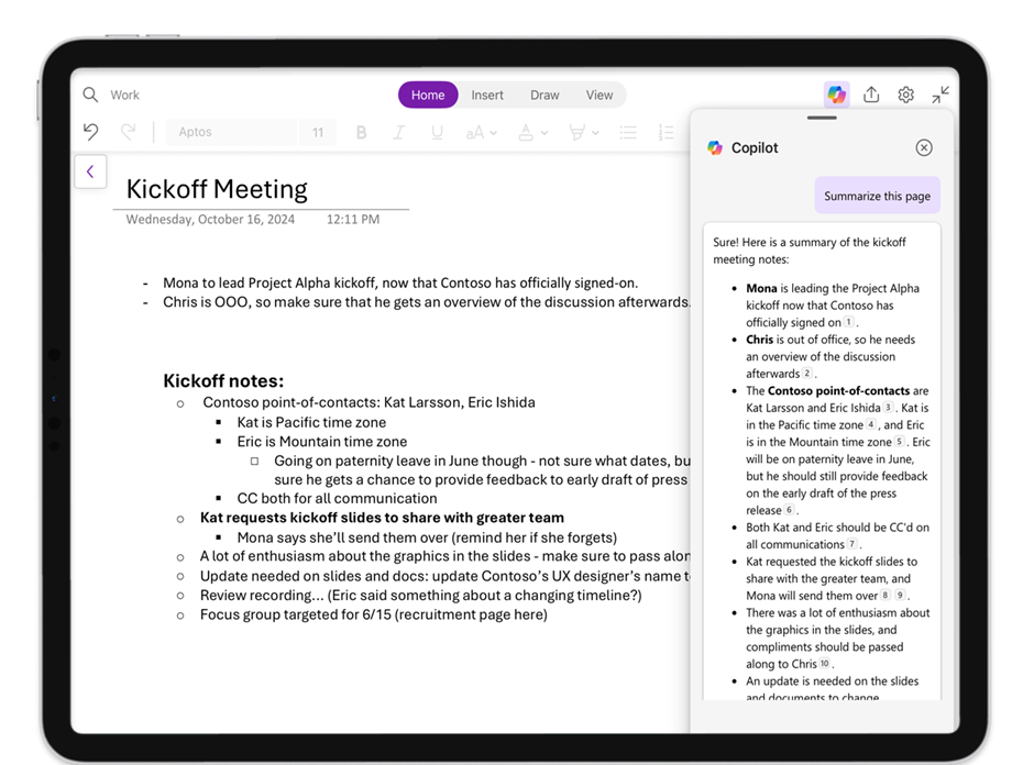 Use Copilot in OneNote to make completing work tasks faster and easier, such as summarizing meeting notes