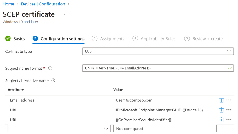 New SID variables are shown as Uniform Resource Identifier (URI) values in the Subject alternative name field of a SCEP certificate configuration policy in Intune.