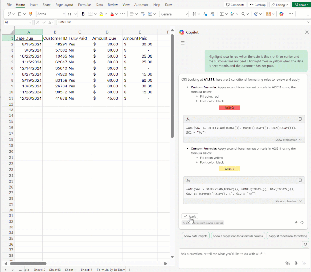 Gif showing application of Copilot generated conditional format and then how editing data updates the coloring based on the rule.