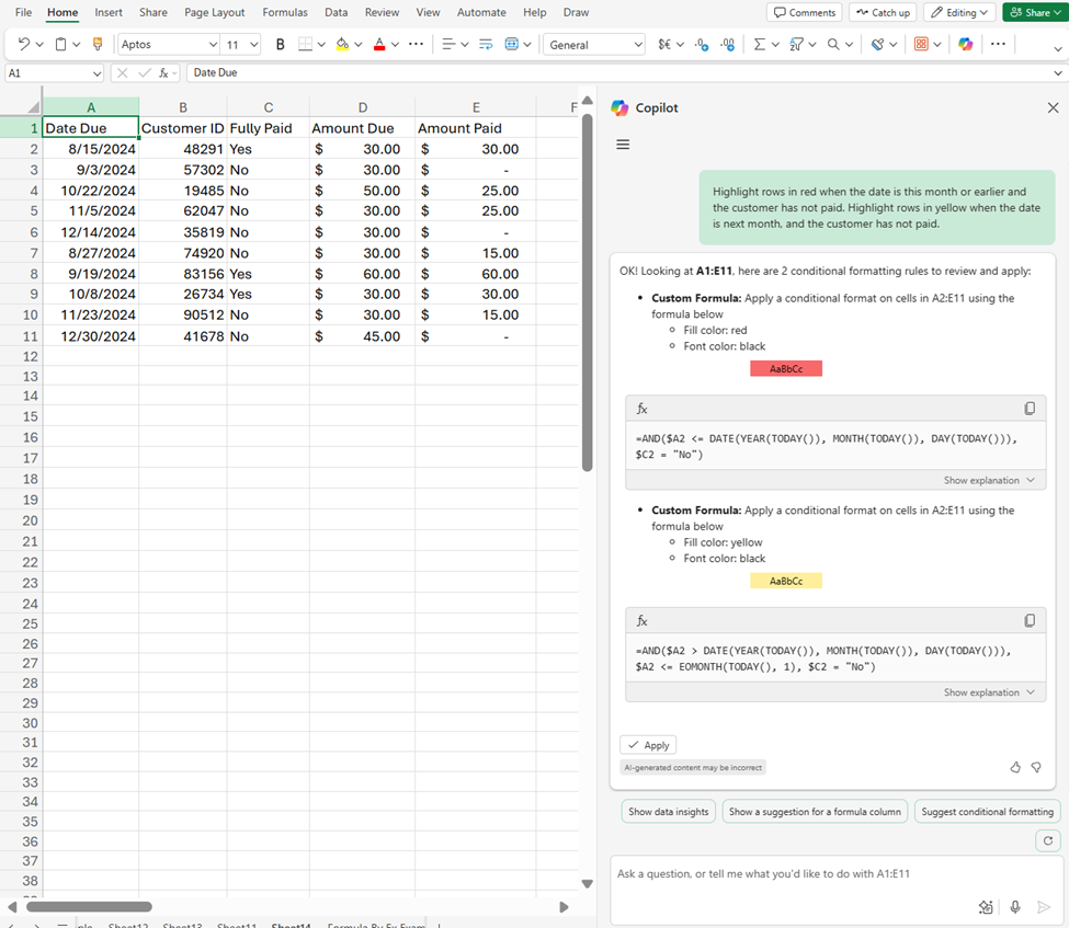 Screenshot of Excel with conditional formatting suggestion from Copilot based on the prompt.