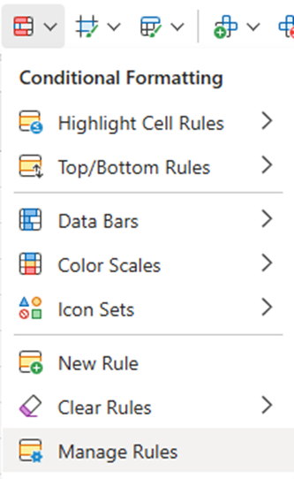 Screenshot of the Conditional Formatting menu
