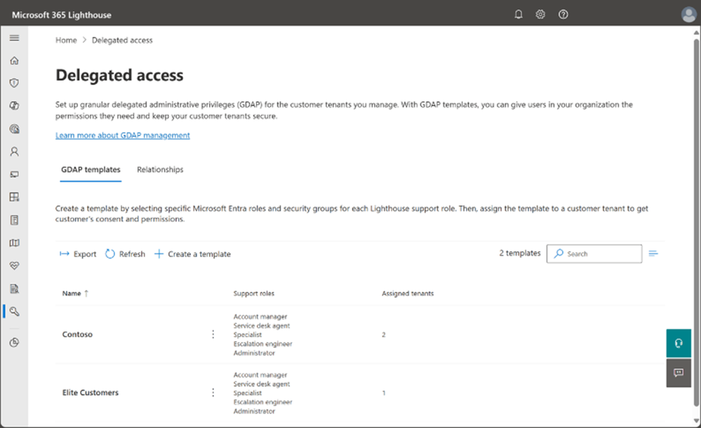 A screenshot showing the GDAP templates tab on the Delegated access page in Lighthouse