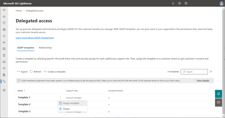 A screenshot showing how to assign a template to a customer tenant on the Delegated access page in Lighthouse