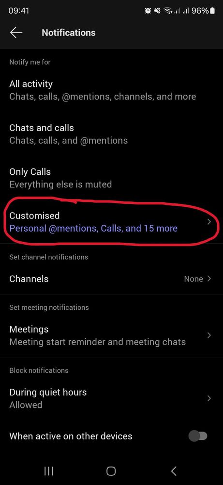 Selecting this sends me to Android app notifications permissions, not custom notifications.