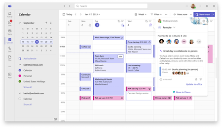 A popup in the calendar with a suggestion that it’s a “great day to collaborate in person” and an action to update your location to office.