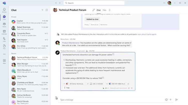 Une discussion Teams avec un message de la maintenance du produit (généré par l'IA) fournissant une réponse à la question d'un utilisateur.