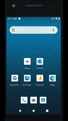 Un écran d'accueil de téléphone mobile affichant les icônes suivantes&nbsp;: Teams, Outlook, Microsoft 365, Viva Engage, Power BI, Edge, téléphone, appareil photo et contacts.