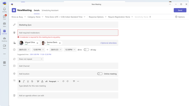 A meeting scheduling window with a highlighted field noting that this meeting requires a moderator.