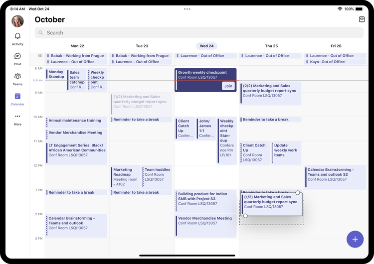 The Teams Meetings calendar view on iPad.