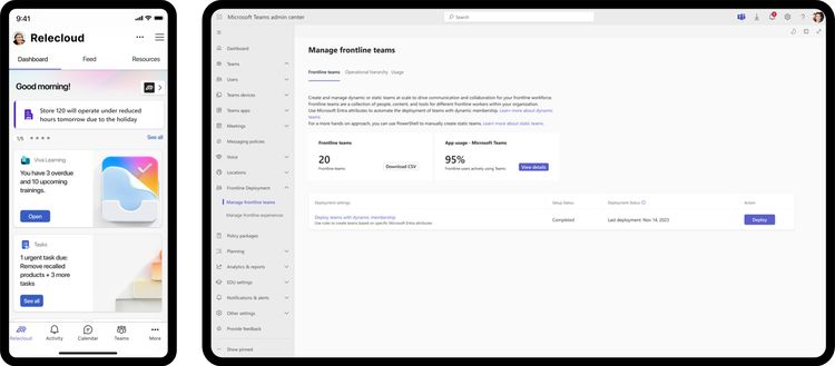 Deux écrans Teams, un sur mobile et un sur tablette. Le téléphone mobile affiche une vue récapitulative quotidienne. La tablette affiche la page de gestion des équipes de première ligne.