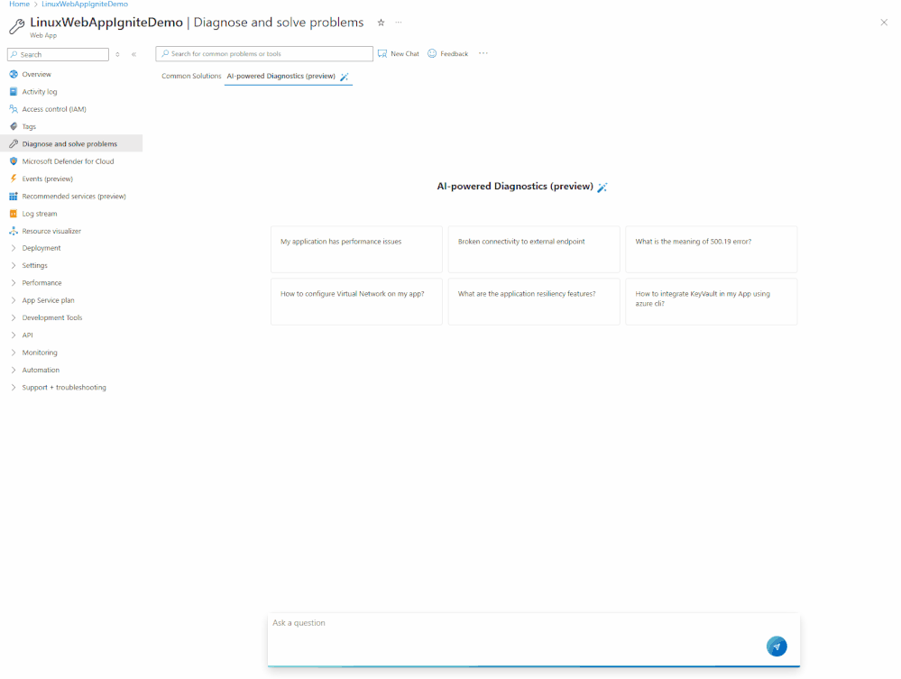 A demonstration of using Conversational Diagnostics and Diagnostic Workflows to figure out why a Web App hosted on Linux is unreachable from Azure Portal using natural language to describe the user reported problems.