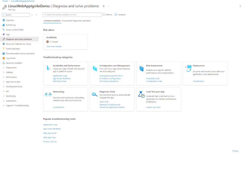 A demonstration of using Diagnostic Workflows to figure out why a Web App hosted on Linux is unreachable from Azure Portal.