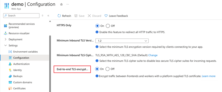 Enabling end to end TLS encryption in the Azure Portal