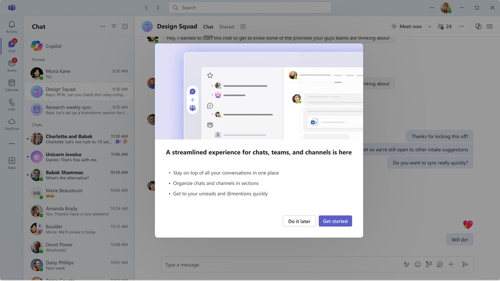 The screen you see when onboarding to the new Microsoft Teams chat and channels experience.