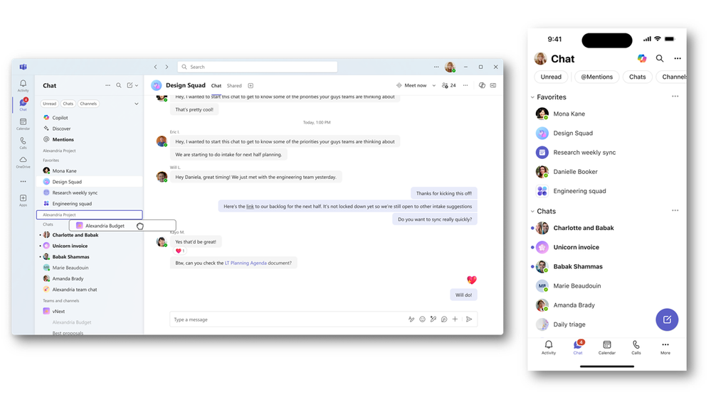 Screenshots: (left) Dragging and dropping chat and channels in Teams desktop, and (right) main view when using the new experience on Teams mobile.