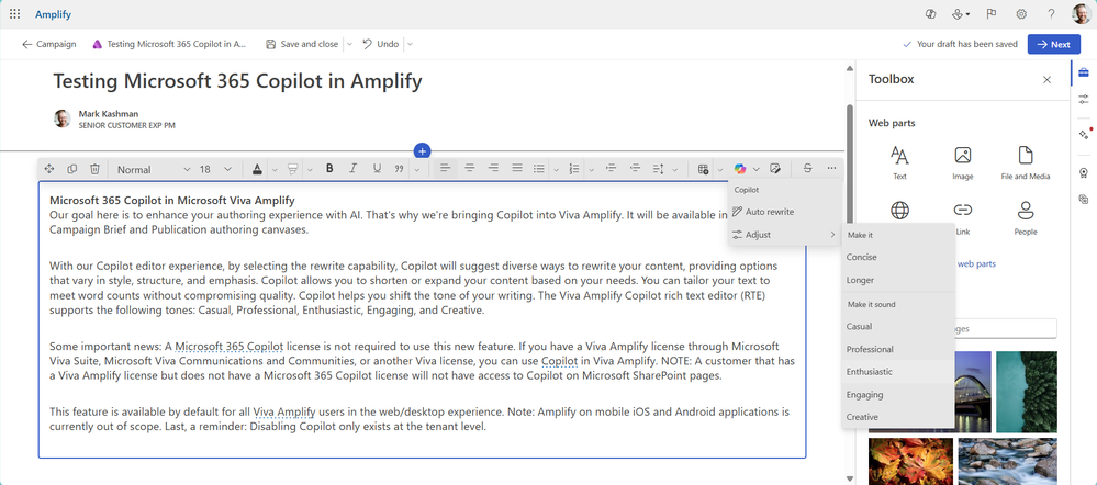 Microsoft 365 Copilot in Viva Amplify helps you find the best wording to make sure your publications communicate your message effectively.