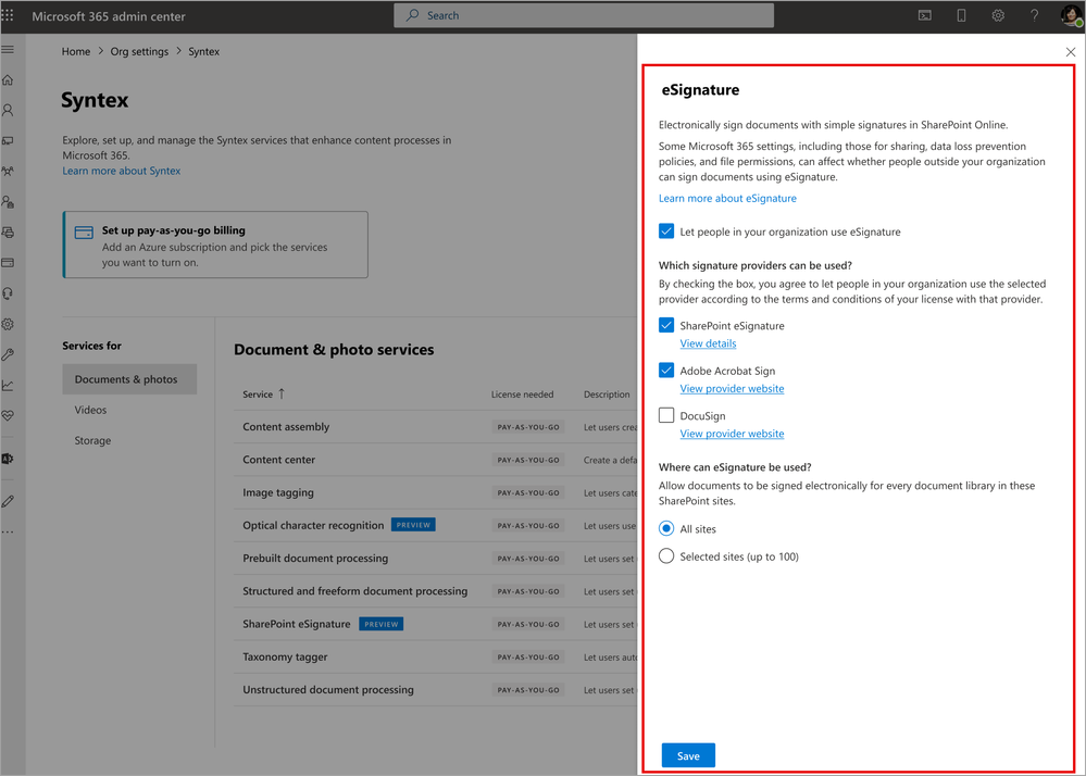 Microsoft 365 admins can enable a third-party eSign provider without enabling native SharePoint eSignature, and vice versa – here showing SharePoint eSignature and Adobe Acrobat Sign selected – to enable them both for their user base.