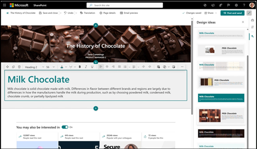 Once your section has additional content, Design ideas will then summarize your text to provide appropriate image webpart and background suggestions, along with basic text formatting.