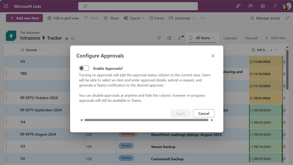 Turning on approvals will add the approval status column to the current view. Users will be able to select an item and enter approval details, submit a request, and generate a Teams notification to the desired approver.