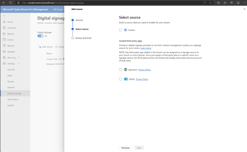 Admin controls for digital signage in the Pro Management portal.