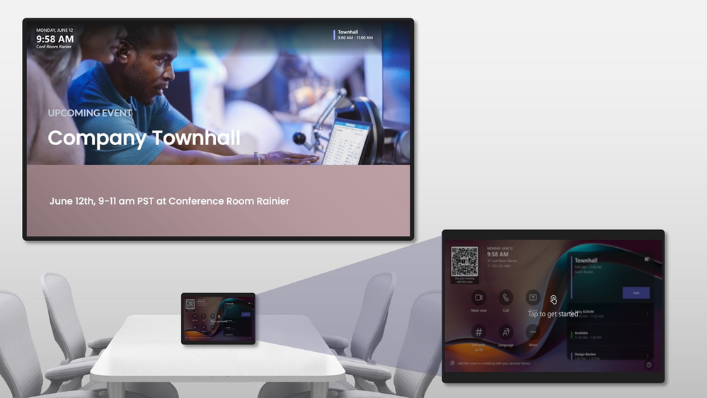 Digital signage on the front of room display and a close-up on a touch console display. When you tap, the room display reverts to the Teams Rooms home screen.