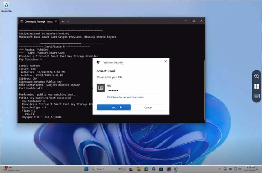 Screen capture with a pop-up of a smart card sign in.