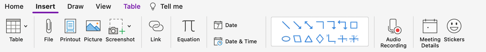 Insert tab on the OneNote for Mac ribbon