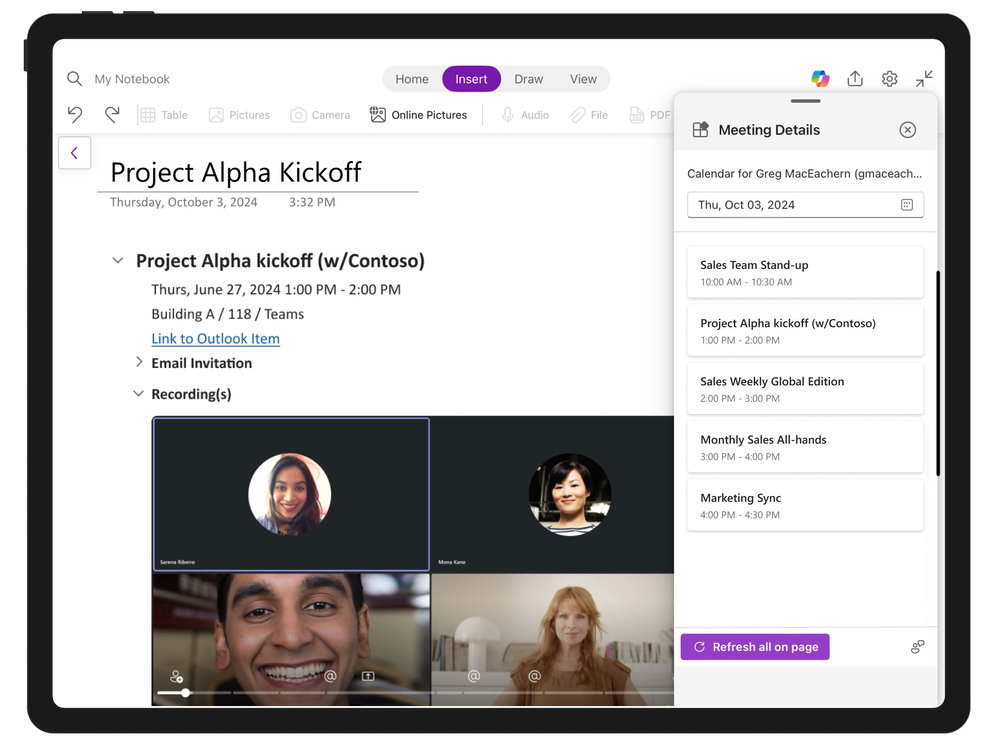 Meeting Details experience in OneNote for iPad
