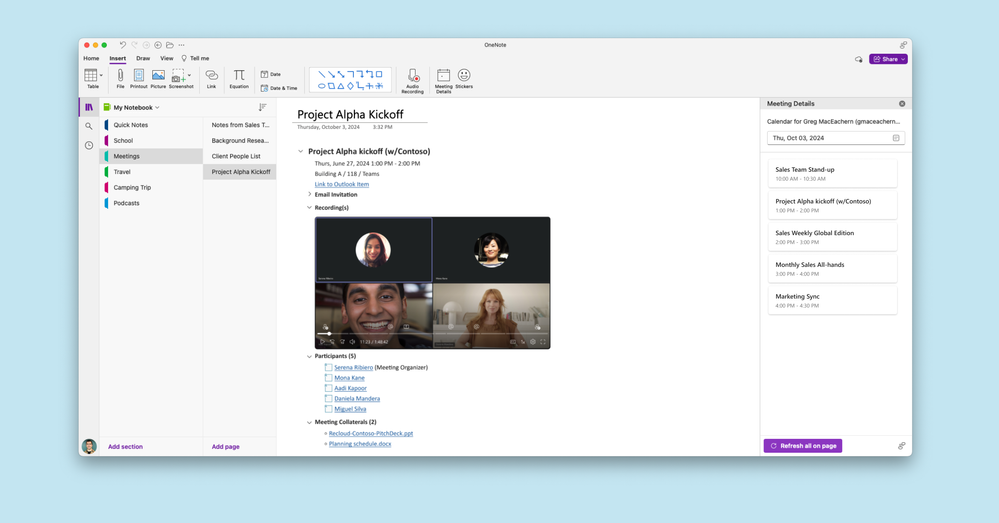 Meeting Details experience in OneNote for Mac