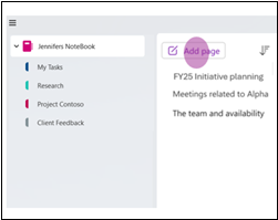 Screenshot showing the Add page option in OneNote for Windows.