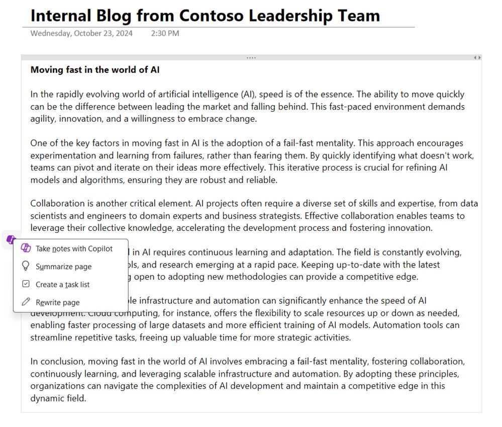 Screenshot of OneNote for Windows showing how to click the Copilot icon and select the Take notes with Copilot option.