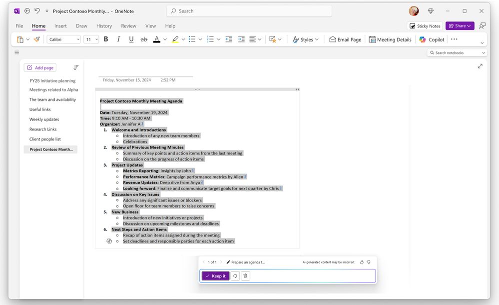 Screenshot showing how text from the Take notes with Copilot box is inserted onto the canvas in OneNote for Windows; click Keep it to retain this text.