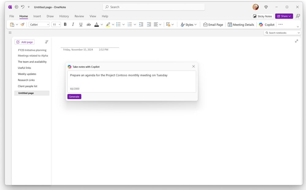 Screenshot from OneNote for Windows showing the Take notes with Copilot feature on the canvas.