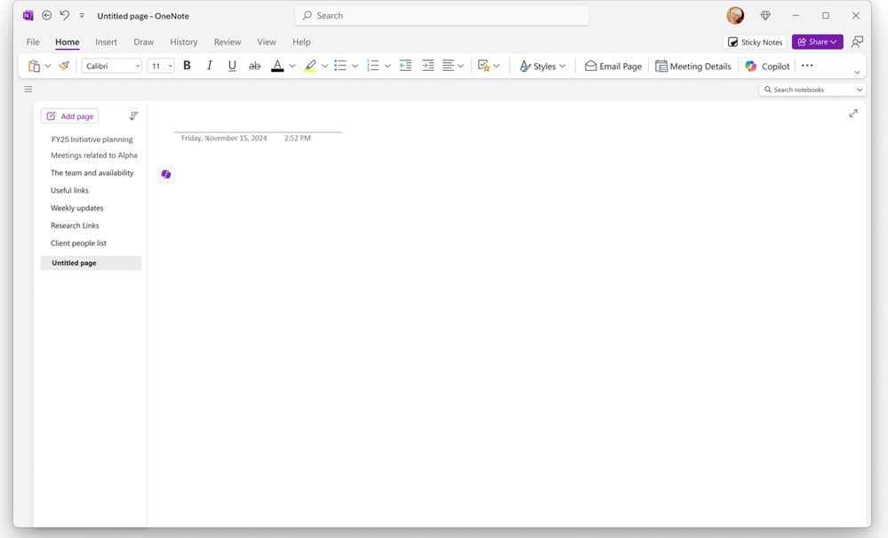 Screenshot from OneNote for Windows showing the Copilot icon on the canvas in a personal notebook.