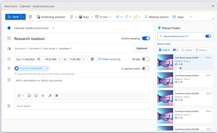 A new event pop-up in the calendar and a righthand side bar of Places finder showing a list of rooms available with room photos and filters for the search results.