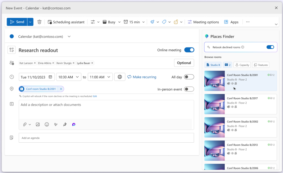A new event pop-up in the calendar and a righthand side bar of Places finder showing a list of rooms available with room photos and filters for the search results.