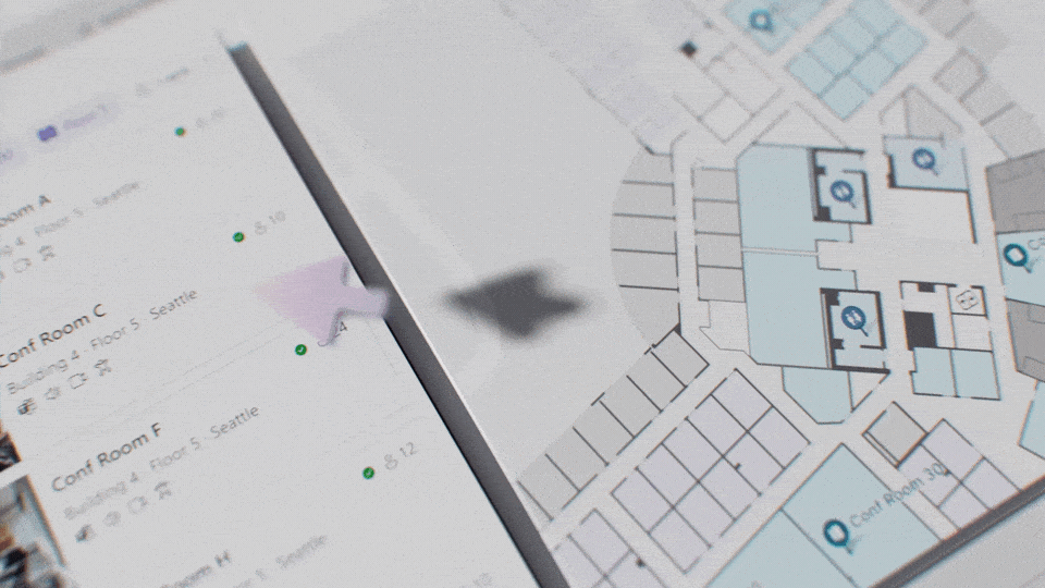 A view of a room-booking interface, where users can use maps and floorplans to identify and book available space
