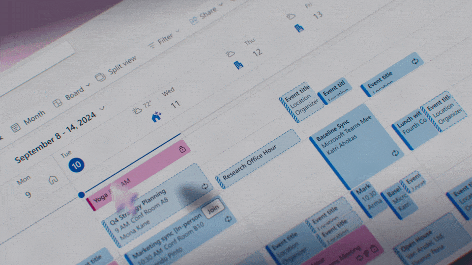 A pop-up in the calendar shows a suggestion that it’s a “great day to collaborate in-person” and an action to update your location to the office.