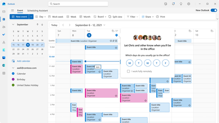 A pop-up in the calendar prompts users to identify which days they usually go into the office