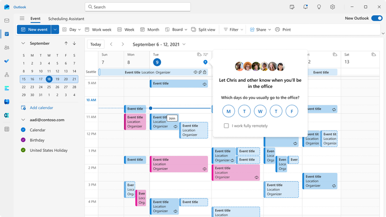 A pop-up in the calendar prompts users to identify which days they usually go into the office