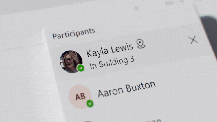 A view of the Teams people card, showing where an individual is working for the day.