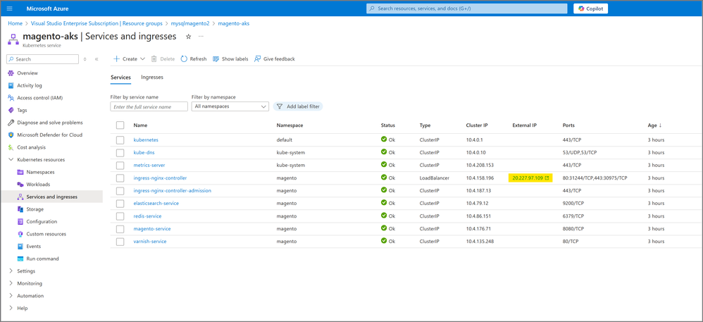 Azure portal image showing AKS Load Balancer External IP address in the 'Services and ingresses' section.