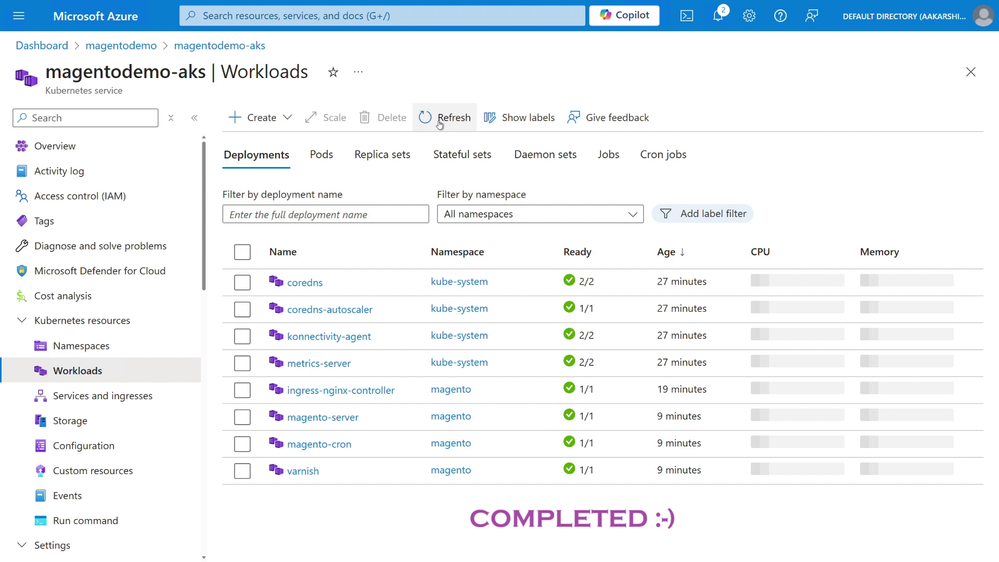 Azure portal image showing AKS workloads showing all deployment and configuration are completed successfully.