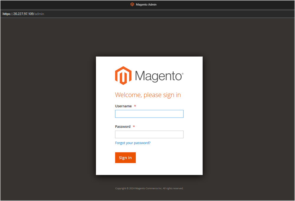 Image of the Magento Admin login page navigated to from a modern browser by appending '/admin' to the Magento application home page address.