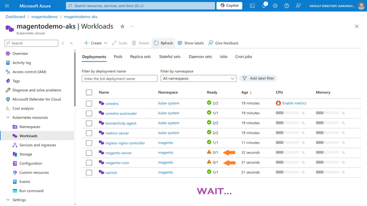 Azure portal image showing AKS workloads of 'magento-server' and 'magento-cron' being configured.