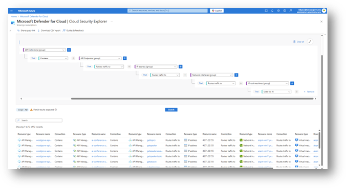 Product screenshot showing cloud security explorer in Defender for Cloud with an API security query: API Collections that contain API Endpoints that routes traffic to IP Addresses that routes traffic to Network Interfaces that routes traffic to Virtual Machines that are used for AI